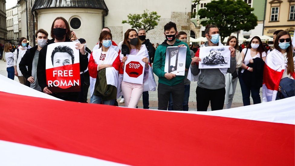 People demonstrate at the March of Solidarity with Belarus as part of the Global Solidarity Picket in Krakow, Poland, 29 May 2021