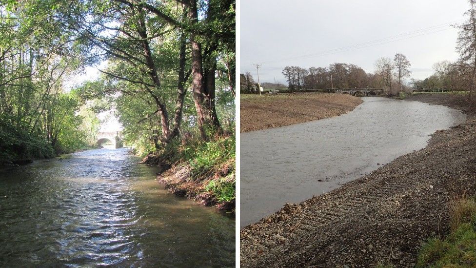 Before and after photos of the affected area of the River Lugg