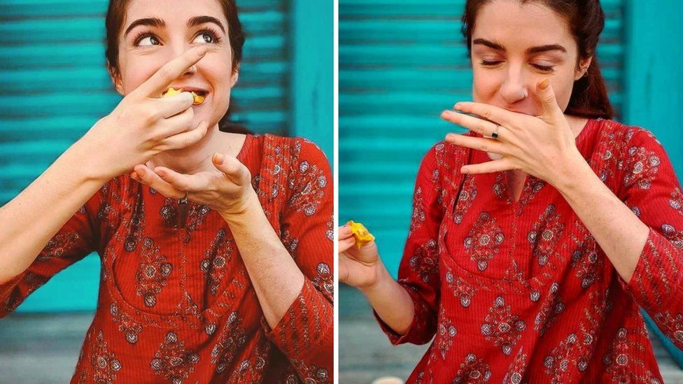 Side-by-side collage shot of Hailey eating an Indian street snack