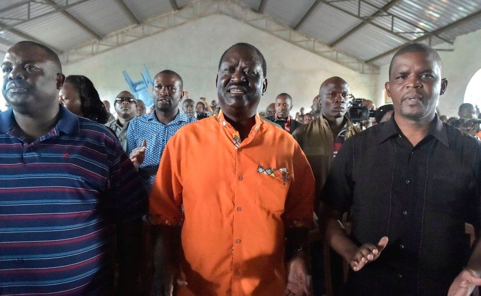 Kenyan opposition leader Raila Odinga a takes part at a Sunday's service at the Gatina Church in Kawangware - 2017