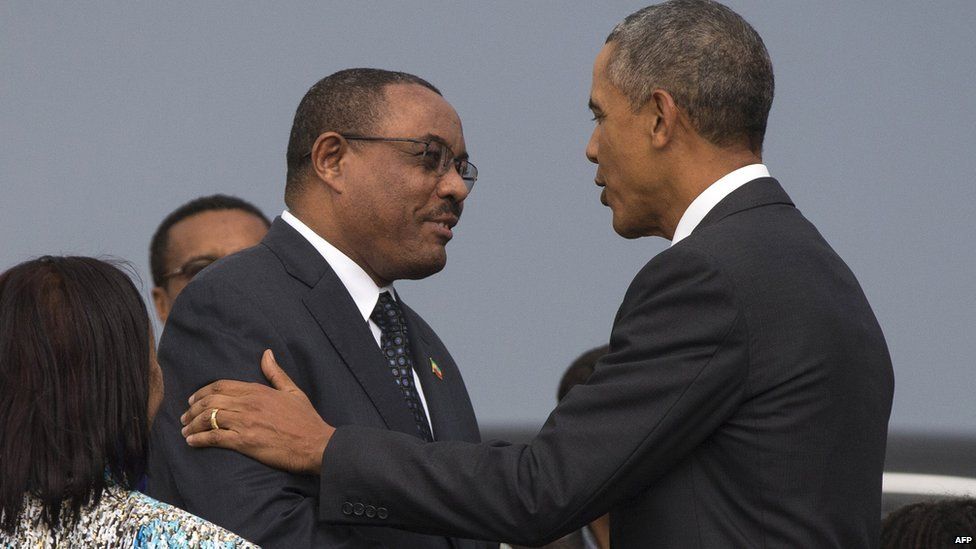Barack Obama, right is greeted by Ethiopian Prime Minister Hailemariam Desalegn. 26 July 2015