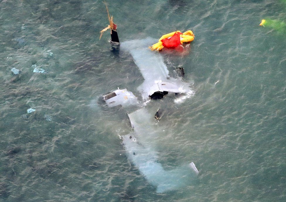 A wrecked U.S. Marine Corps MV-22 Osprey aircraft that crash-landed in the sea off Nago is seen in Okinawa Prefecture, Japan, in this photo taken by Kyodo 14 December 2016