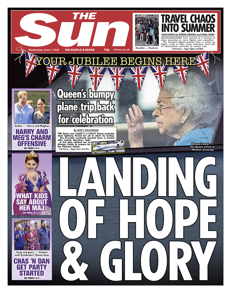 The headline in the Sun reads 'Landing of Hope & Glory'