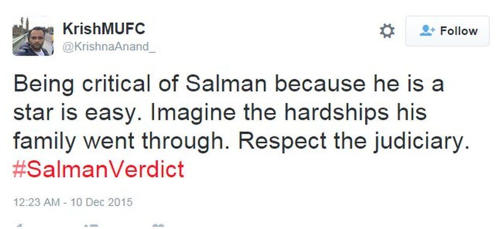 Being critical of Salman because he is a star is easy. Imagine the hardships his family went through. Respect the judiciary. #SalmanVerdict