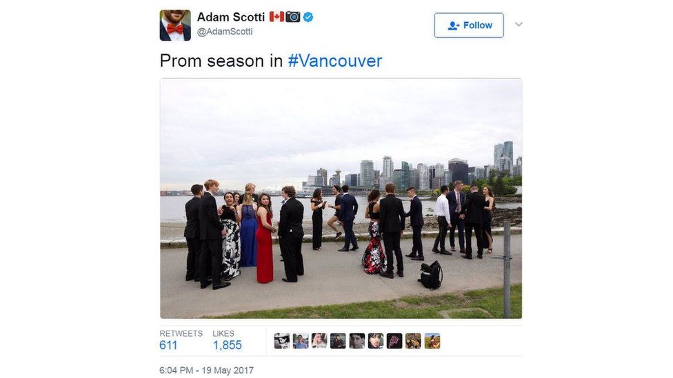 Justin Trudeau's official photographer tweeted a picture of him jogging past students in full prom regalia, captioned: "Prom season in #Vancouver"