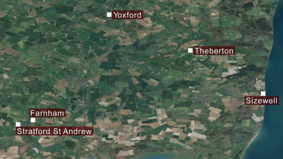 A map showing Sizewell, Farnham, Stratford St Andrew, Yoxford and Theberton