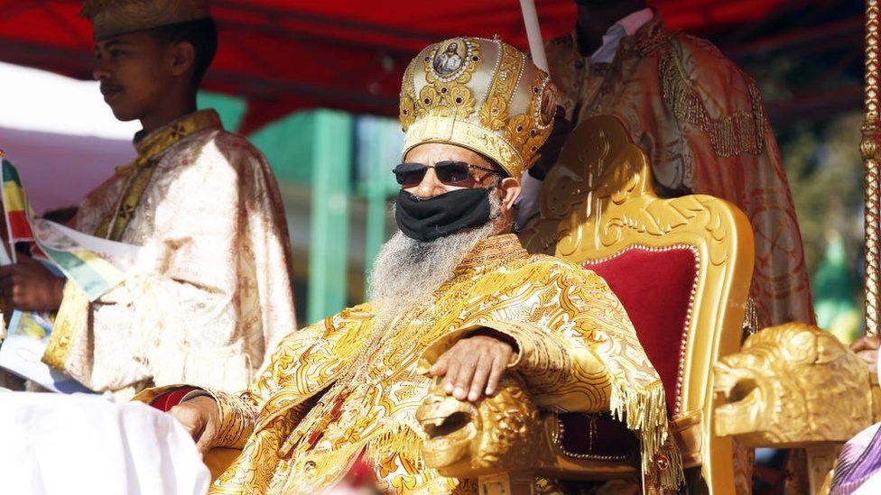 Ethiopian patriarch of the Ethiopian Orthodox Tewahedo Church Abune Mathias attends the Timkat celebrations, which marks the Baptism of Jesus in the Jordan River, at Jan Meda Sports Field, in Addis Ababa, Ethiopia on January 19, 2021