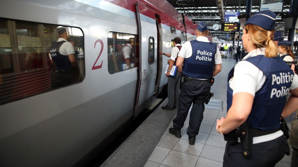 Police officers stand on the platform at the Zuid-Midi railway station in Brussels - 22 August 2015