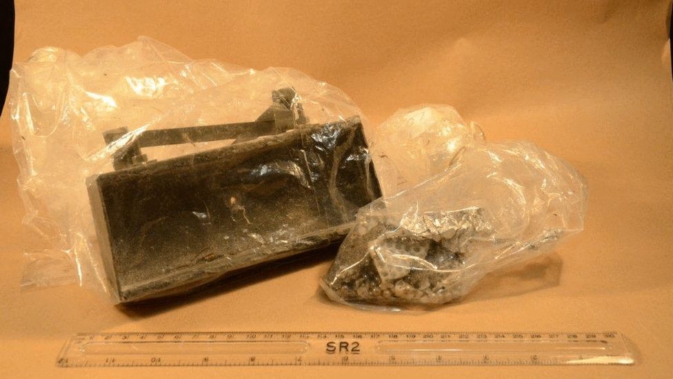 A Claymore mine with shrapnel that was found in the forest