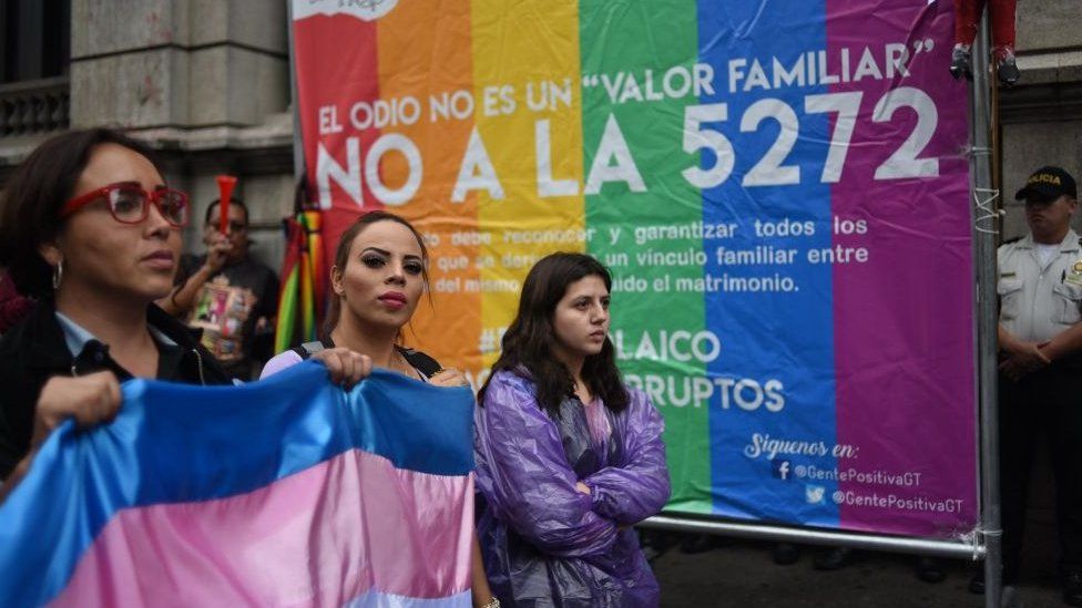 Members of the LGBT community hold a protest outside of Guatemala Congress against the law 5272 that criminalizes LGBT community human rights and abortion -among others- in Guatemala City on September 4, 2018