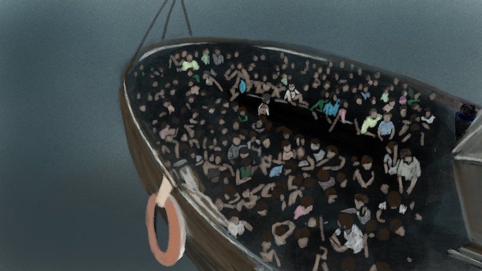 Illustration of a boat full of people