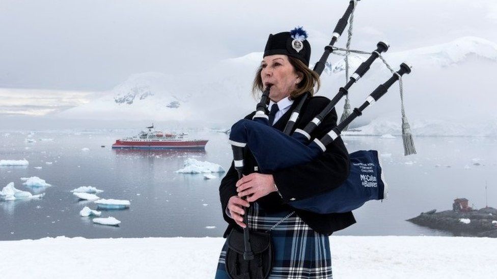 Irene Robinson’s piper challenge reaches Antarctica - BBC News