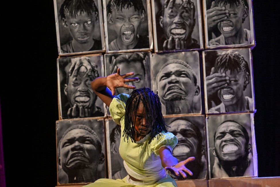 Burkina Faso's Fientan group composed of deaf and mute people performs contemporary dance during the 13th edition of the African Entertainment Arts Market (MASA) at the Palais de la Culture in Abidjan.