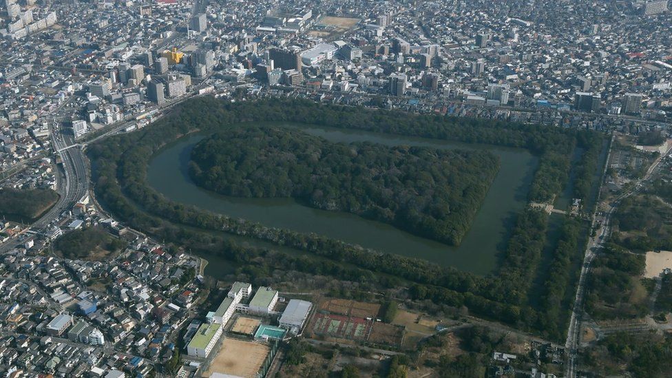 This aerial picture taken on January 16, 2018 shows the mausoleum that is believed to be Emperor Nintoku's in Sakai, Osaka Prefecture