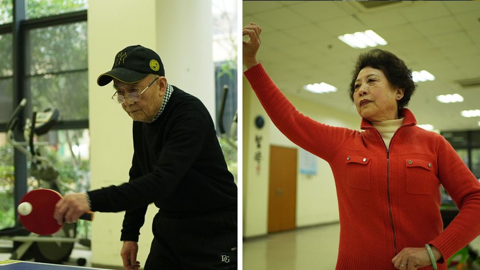 A man plays table tennis and a woman take a dance class at the Sunshine Care Home