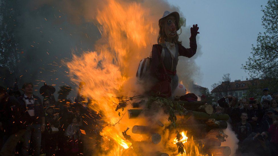 Bonfire burning an effigy of a witch
