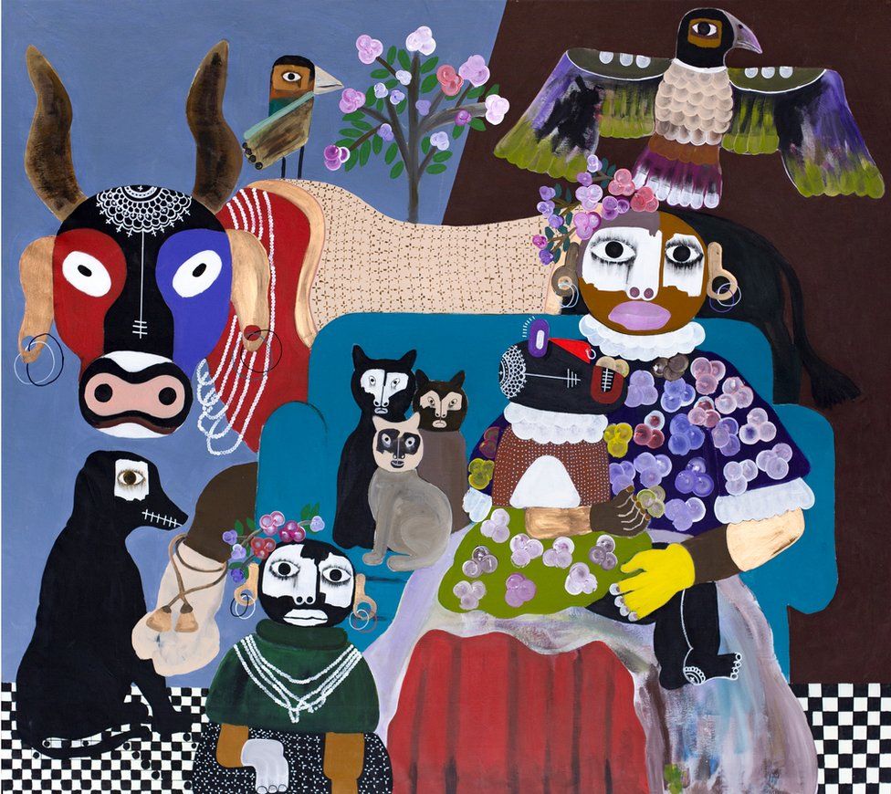 A figurative painting of a woman and children with a cow, dog, cats and birds