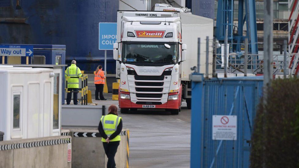 Lorries disembarking from a ferry in Larne, Northern Ireland