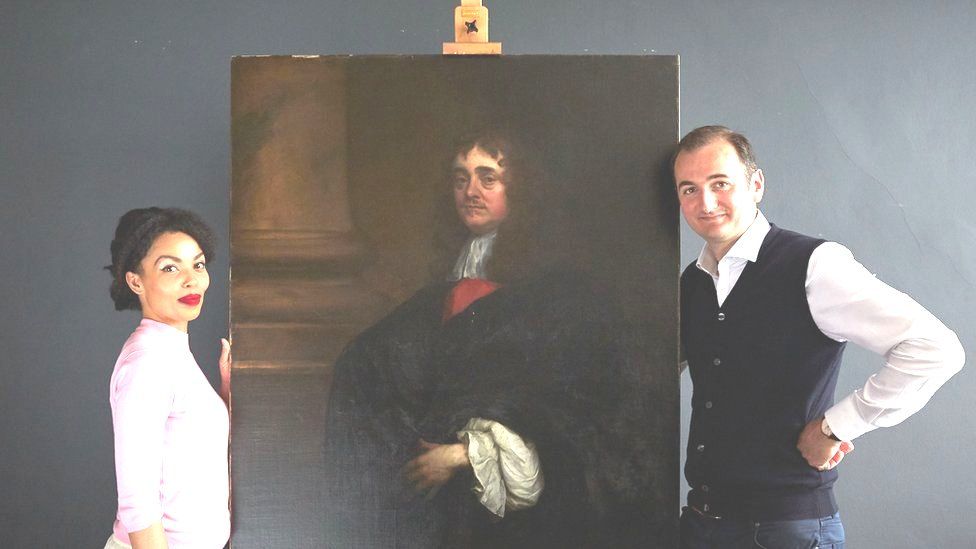 Emma Dabiri, Bendor Grosvenor (L-R) with portrait of Earl of Carbery