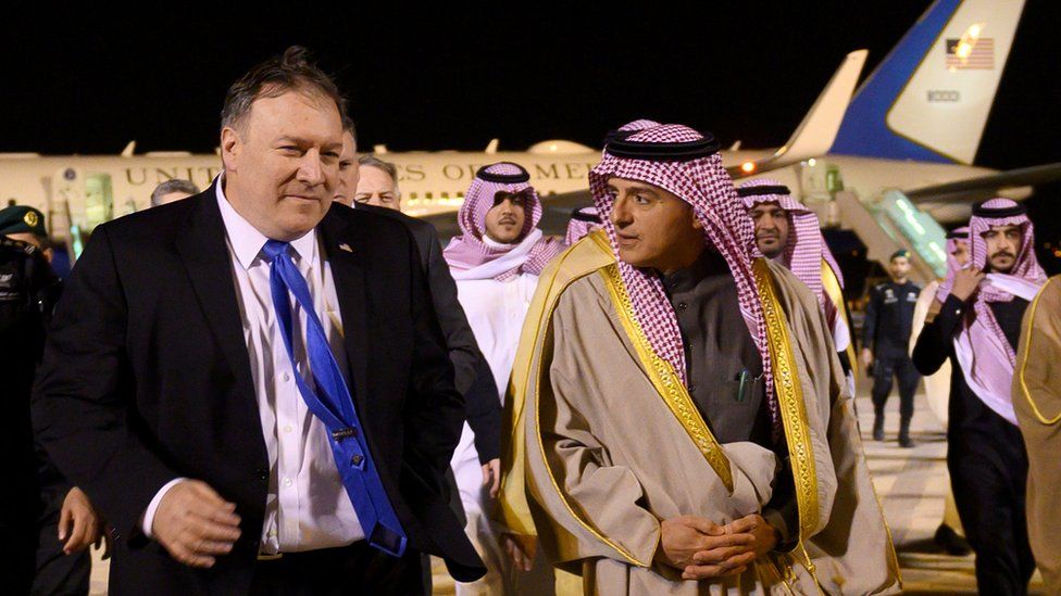 US Secretary of State Mike Pompeo is greeted by Saudi Minister of State for Foreign Affairs Adel al-Jubeir in Riyadh, January 13, 2019