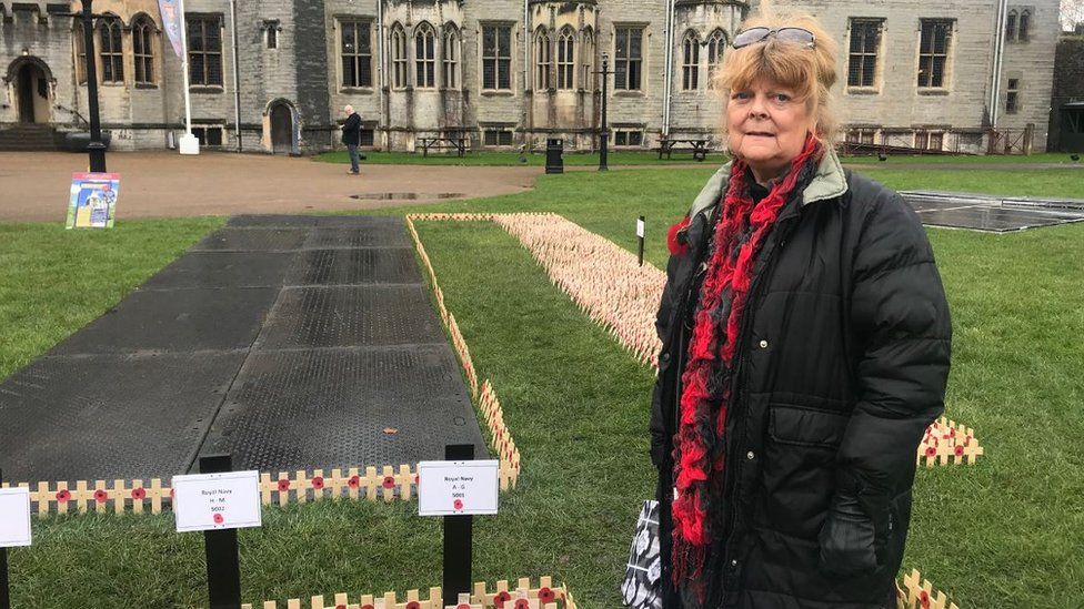 Dawn Davies, 73, daughter of Leading Seaman Claude Leslie Arkell, attending the Field of Remembrance at Cardiff Castle