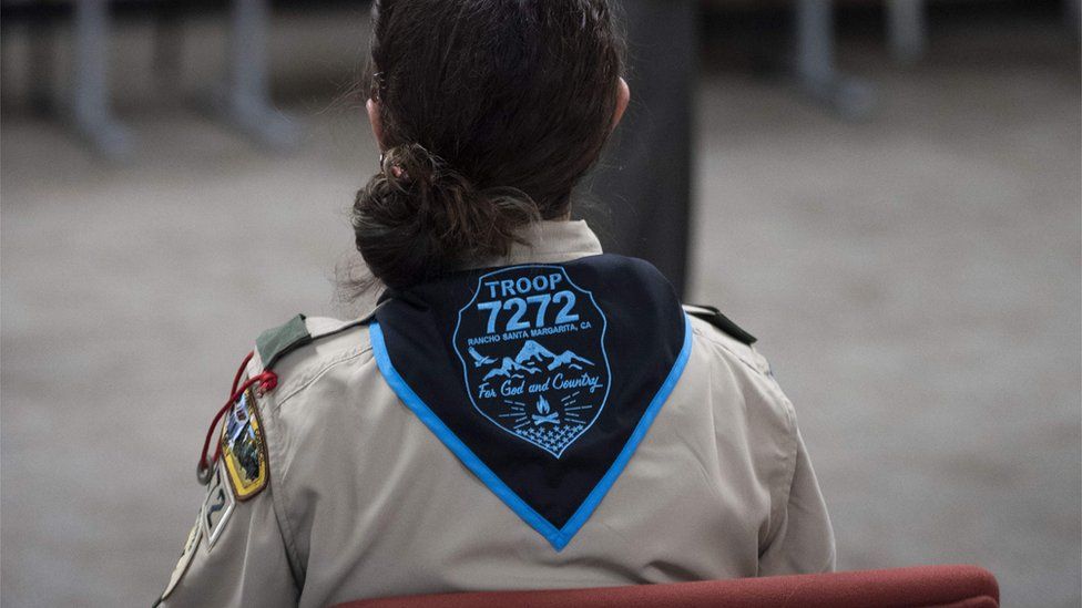 A ceremony to submit an application for the county's first all-girl Boy Scout Troop at Boy Scouts of America's Orange County headquarters in Costa Mesa, 10 January 2019