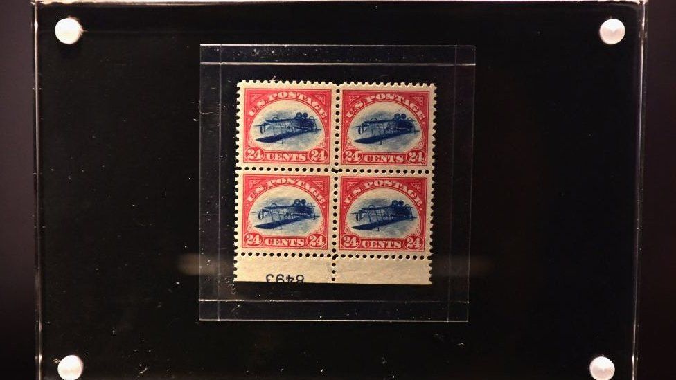 The world's most famous US stamp, the 24-Cent inverted Jenny Plate Block is displayed during the "Three Treasures Collected by Stuart Weitzman," a dedicated live auction, of three treasures from the personal collection of the fashion designer and collector, at Sotheby's on March 11, 2021 in New York City.