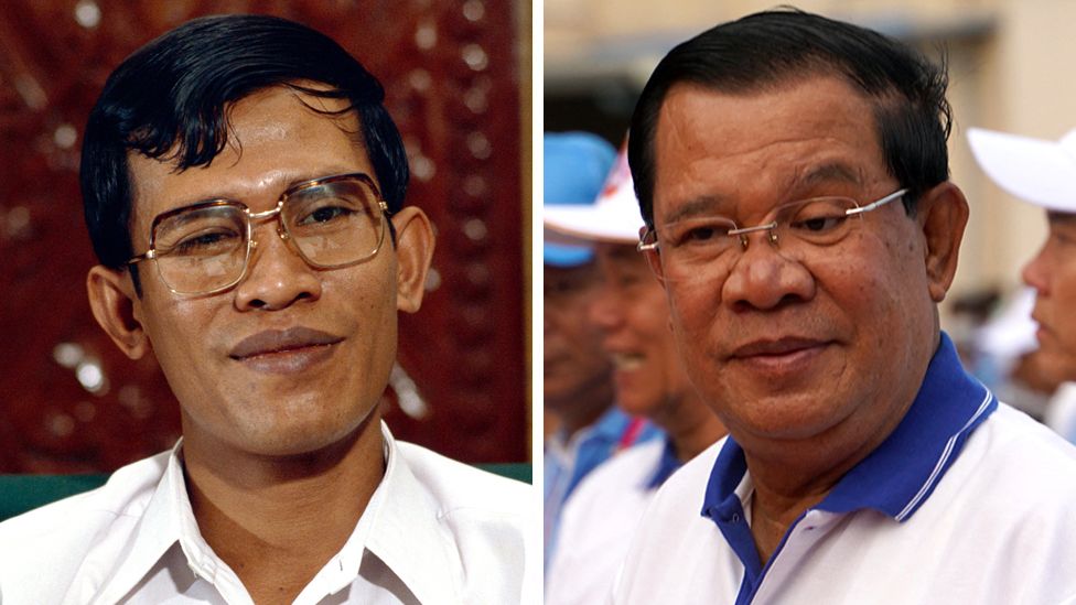 A composite picture showing Hun Sen in the late 1980s and Hun Sen at an election rally in July 2023