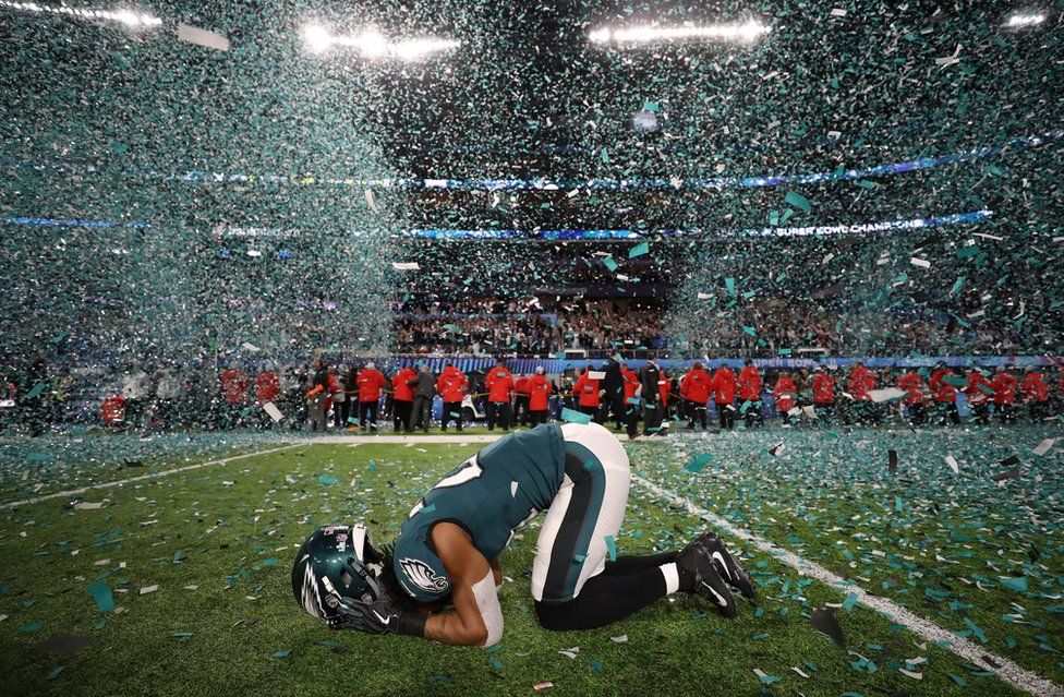 Philadelphia Eagles player Patrick Robinson celebrates his team winning the Super Bowl.