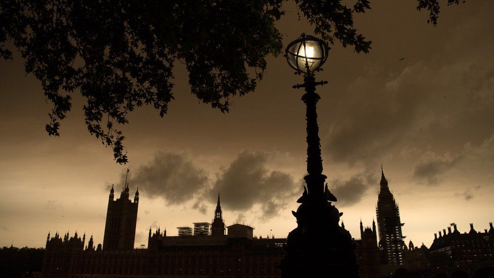 Gloomy and slightly orange sky over the Houses of Parliament