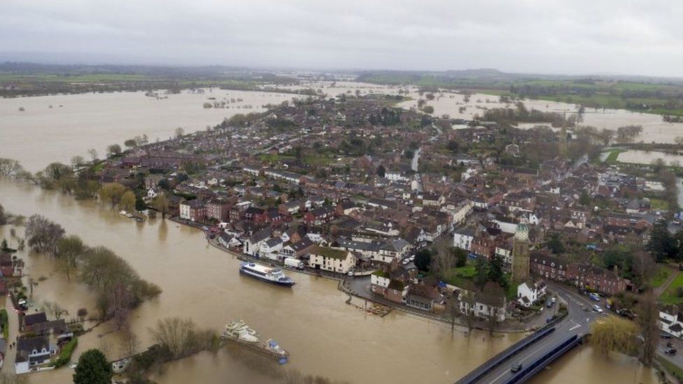 Flood water continues to surround Upton-upon-Severn, Worcestershire, in the aftermath of Storm Dennis