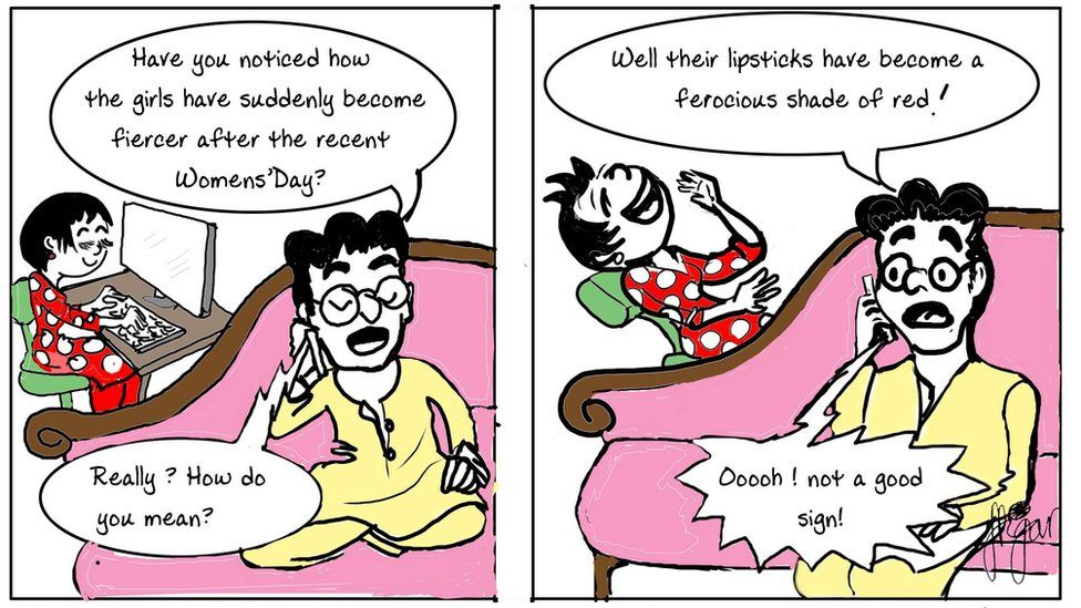 Comic showing Gogi listening to a man's telephone conversation. The man says: "Have you noticed how the girls have suddenly become fiercer after the recent Women's Day?" The voice on the line replies: "Really? How do you mean?". The man says: "Well their lipsticks have become a ferocious shade of red!" The voice on the line replies "Oooh! Not a good sign!" while Gogi bursts out laughing