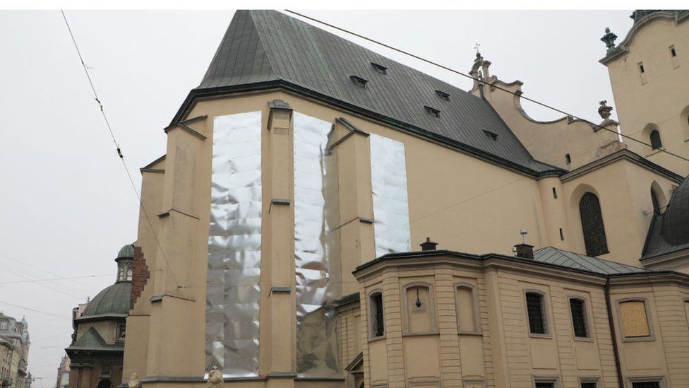 A church that has been boarded up in Lviv