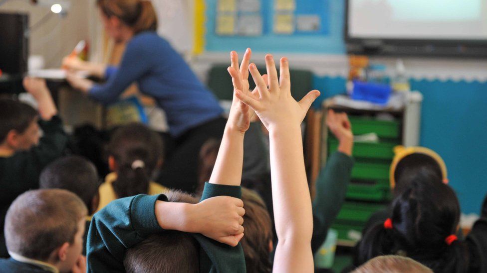 Children in a classroom with hands up