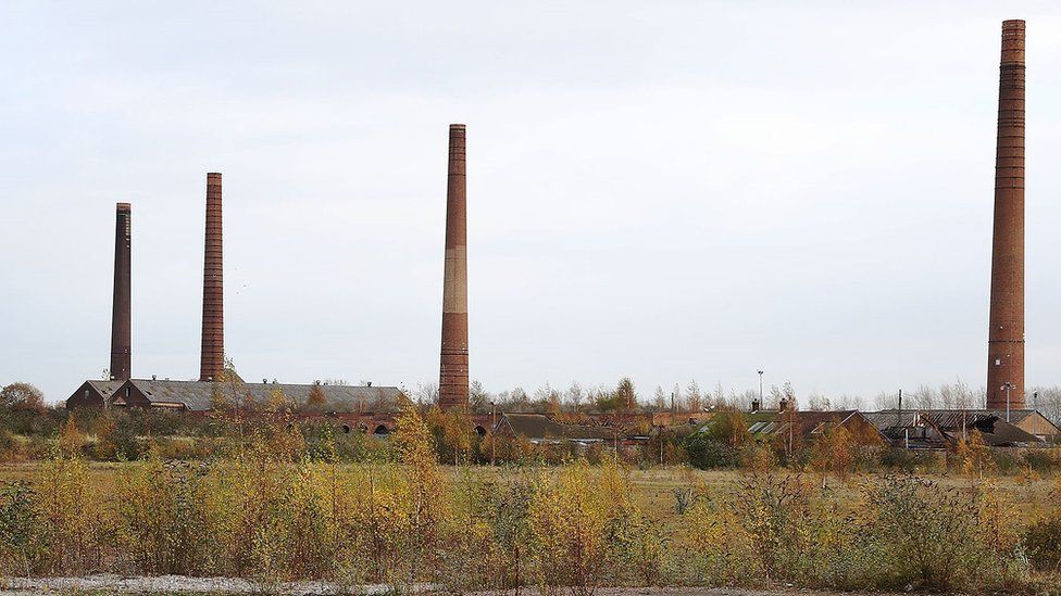 Four chimneys at the former Stewartby and Kempston Hardwick brickworks, near Bedford