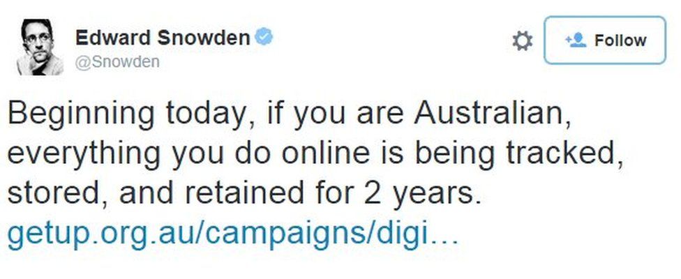 Edward Snowden: Beginning today, if you are Australian, everything you do online is being tracked...