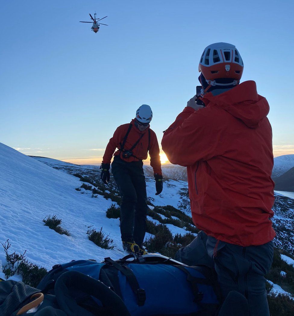 The Braemar team takes part in a training exercise, guiding a helicopter in to the "casualty"