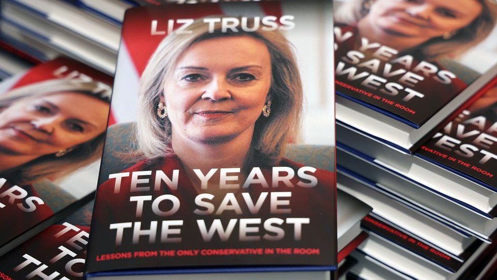 Former British Prime Minister Liz Truss' new memoir 'Ten Years to Save the West' on sale at a bookstore