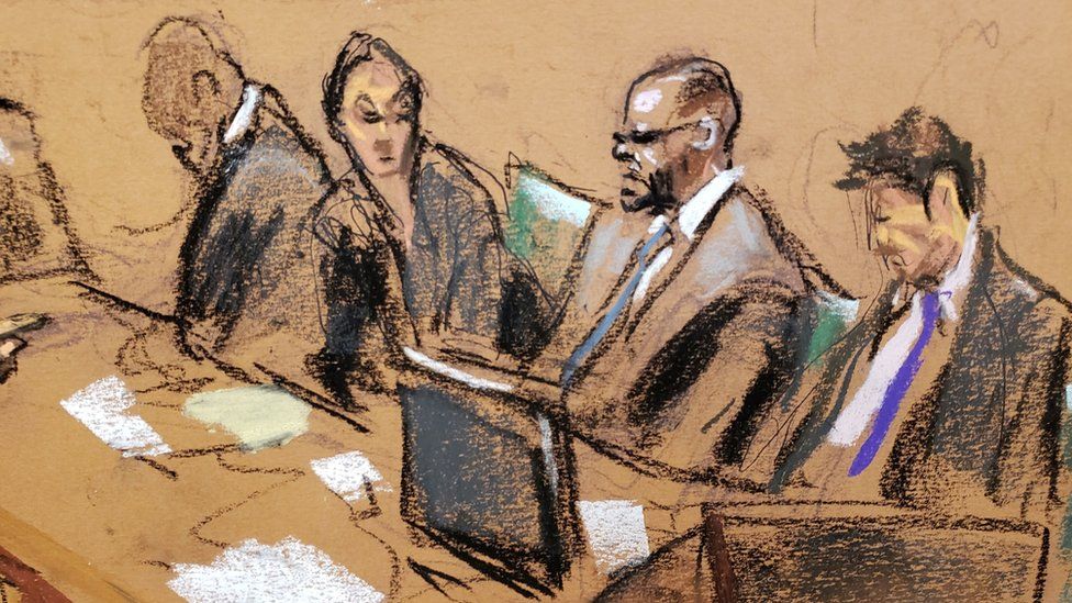 A courtroom sketch of R Kelly in a New York court as his trial begins