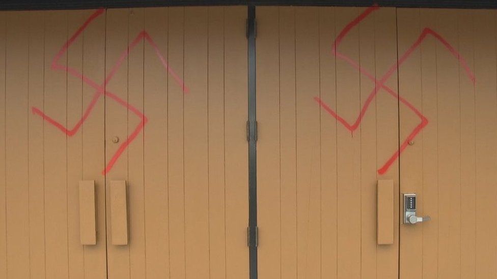Swastika signs on the front doors of Ottawa's Machzikei Hadas Synagogue