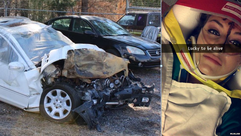Christal McGee's post on Snapchat and a picture of her car destroyed by the crash