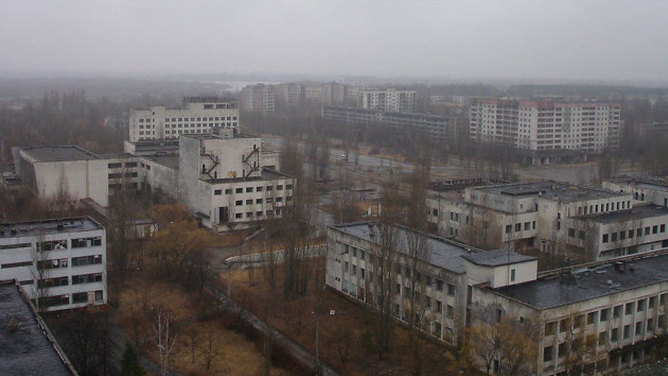 Chernobyl skyline buildings, as seen on 1 April 2010.