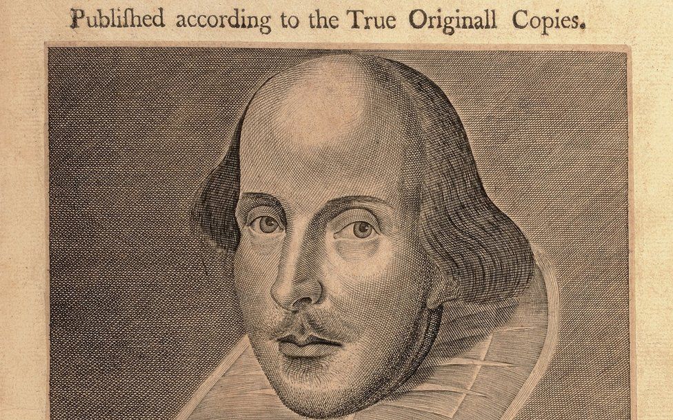A page from the first folio with an image of Shakespeare