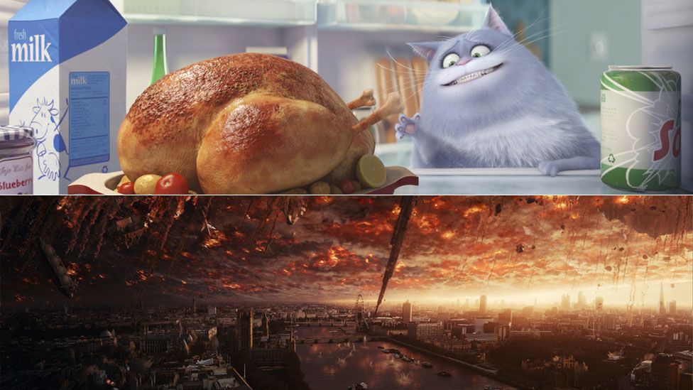 Scenes from The Secret Life of Pets (top) and Independence Day: Resurgence