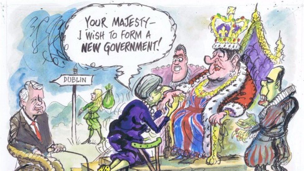 Ian Knox cartoon showing Theresa May kneeling before the DUP leader Arlene Foster