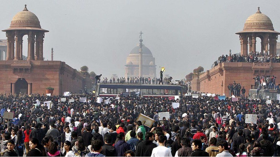 Demonstrators during a protest at Vijay Chowk, following a brutal gang rape of 23 year Para medical student in a moving bus on December 22, 2012 in New Delhi, India.