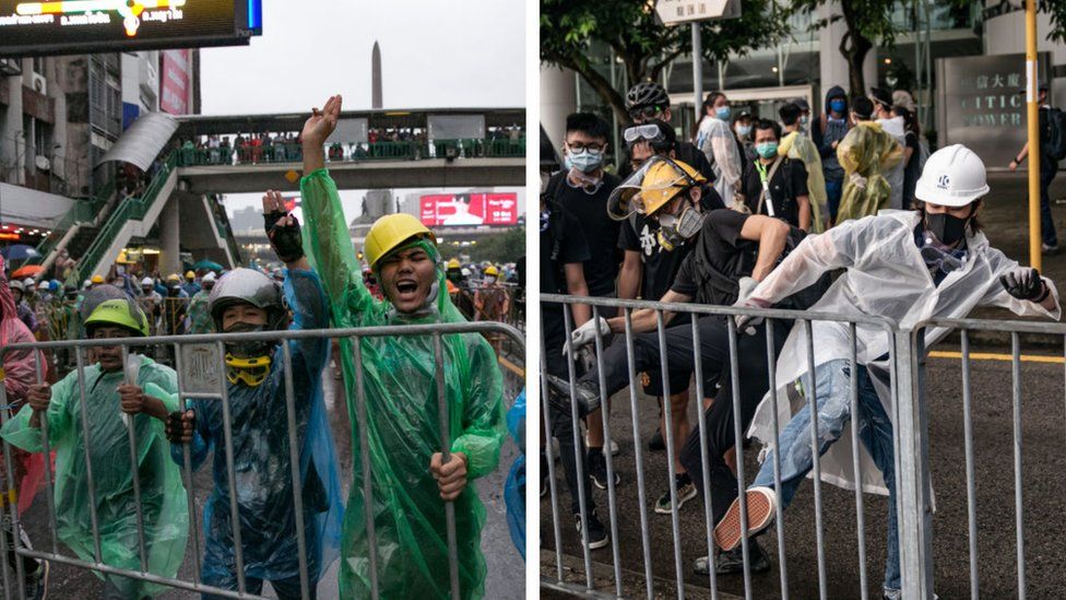 Protesters in Bangkok (L) and protesters in Hong Kong last year (R)