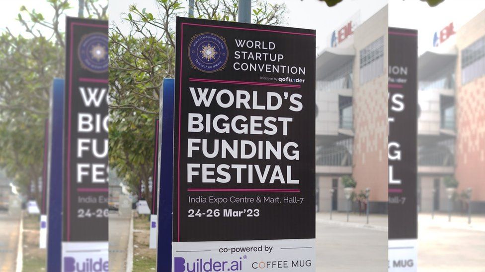 A board of World Startup Convention seen outside the venue