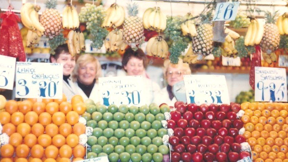 Fruit stall inside Barnsley Market, 1980s