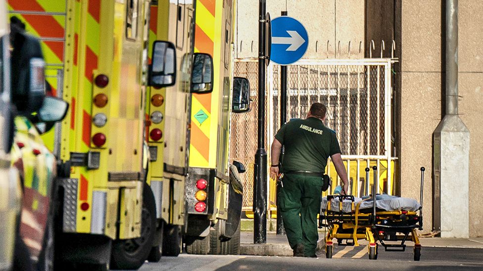 Ambulances waiting at an Emergency Department at the Royal London hospital in London